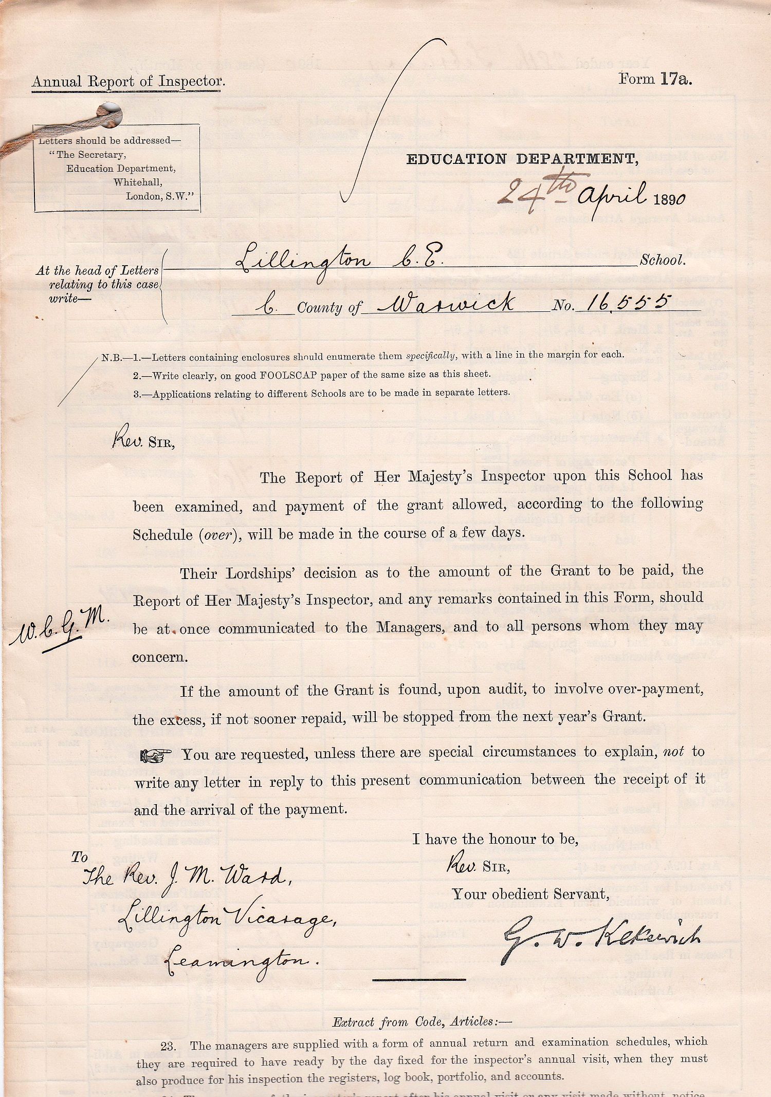 Lillington School Inspection 1890 Inspection 1890
